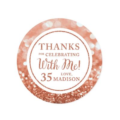 Andaz Press Personalized Glitzy Faux Rose Gold Glitter Round Sticker Labels, Thanks for Celebrating with Me 35, 35th Birthday or Anniversary, 40-Pack, Custom Name
