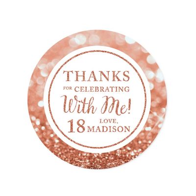 Andaz Press Personalized Glitzy Faux Rose Gold Glitter Round Sticker Labels, Thanks for Celebrating with Me 18, 18th Birthday or Anniversary, 40-Pack, Custom Name