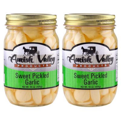 Amish Valley Products Country Pickled Garlic Sweet or Hot Flavor 15 oz Glass Jar (Sweet, 2-15oz JARS)
