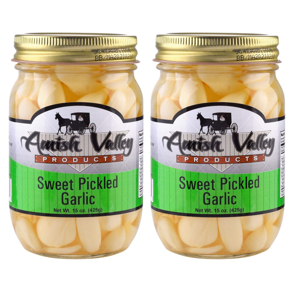 Amish Valley Products Country Pickled Garlic Sweet or Hot Flavor 15 oz Glass Jar (Sweet, 2-15oz JARS)
