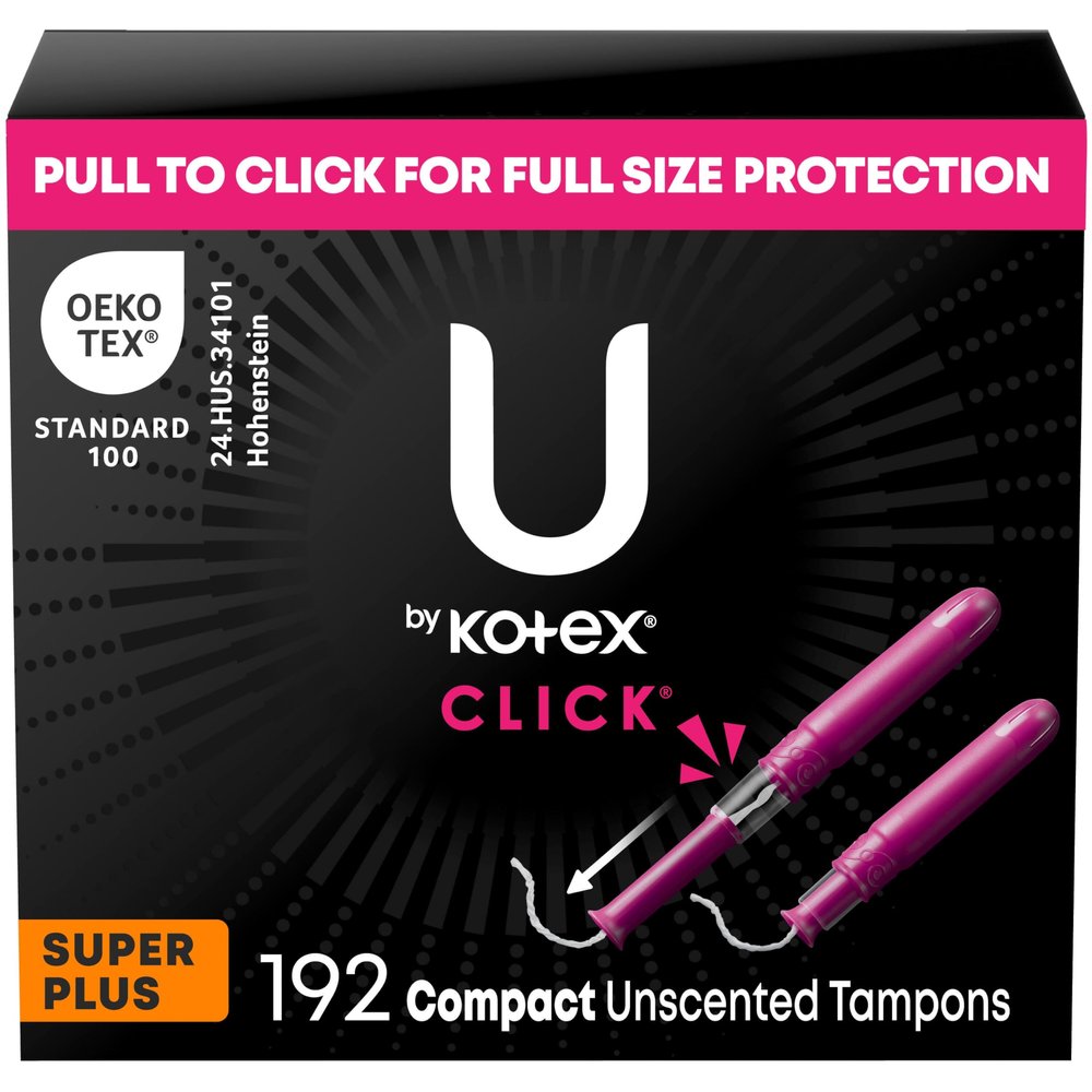 U by Kotex Click Compact Tampons, Super Plus Absorbency, Unscented, 192 Count (6 Packs of 32) (Packaging May Vary)