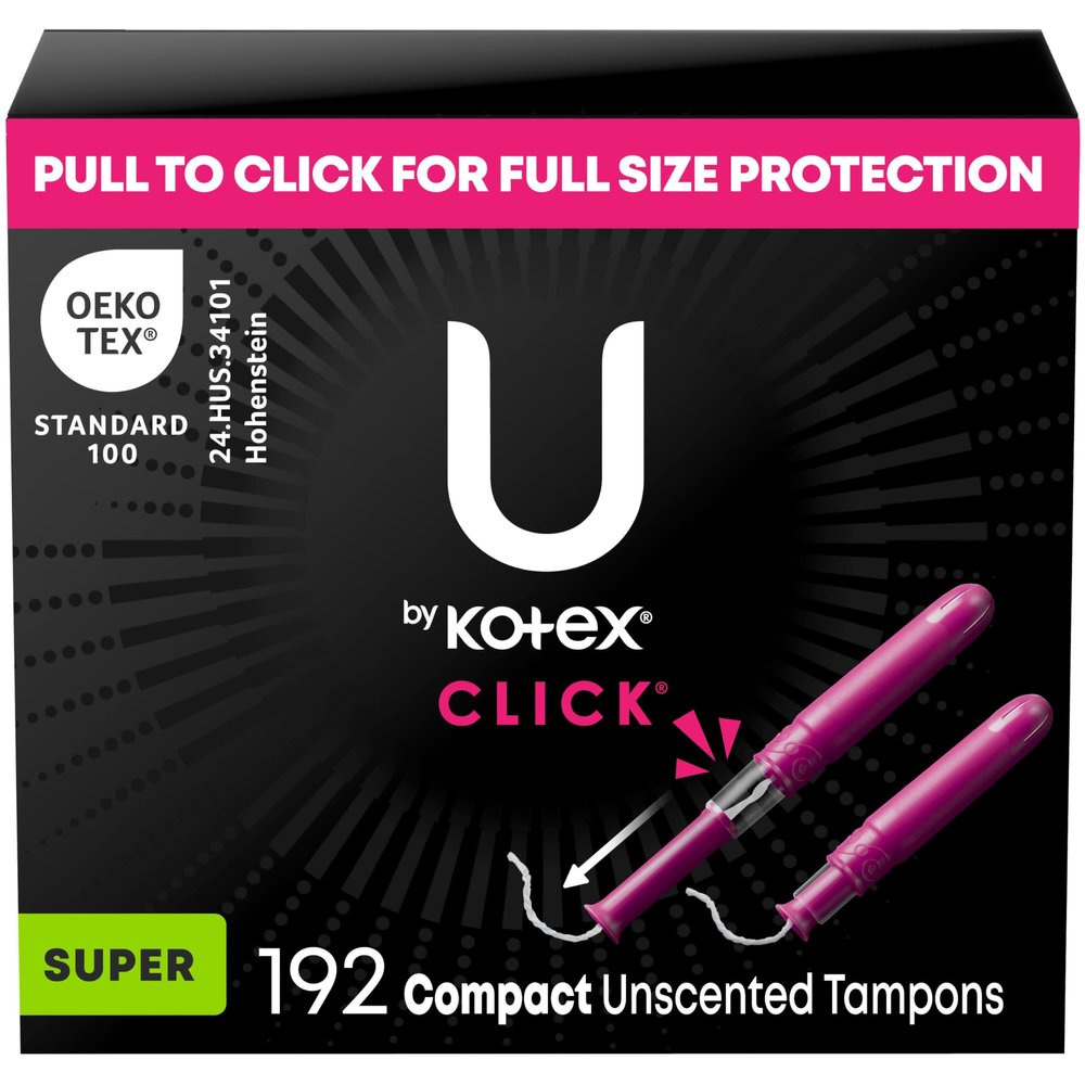 U by Kotex Click Compact Tampons, Super Absorbency, Unscented, 192 Count (6 Packs of 32) (Packaging May Vary)