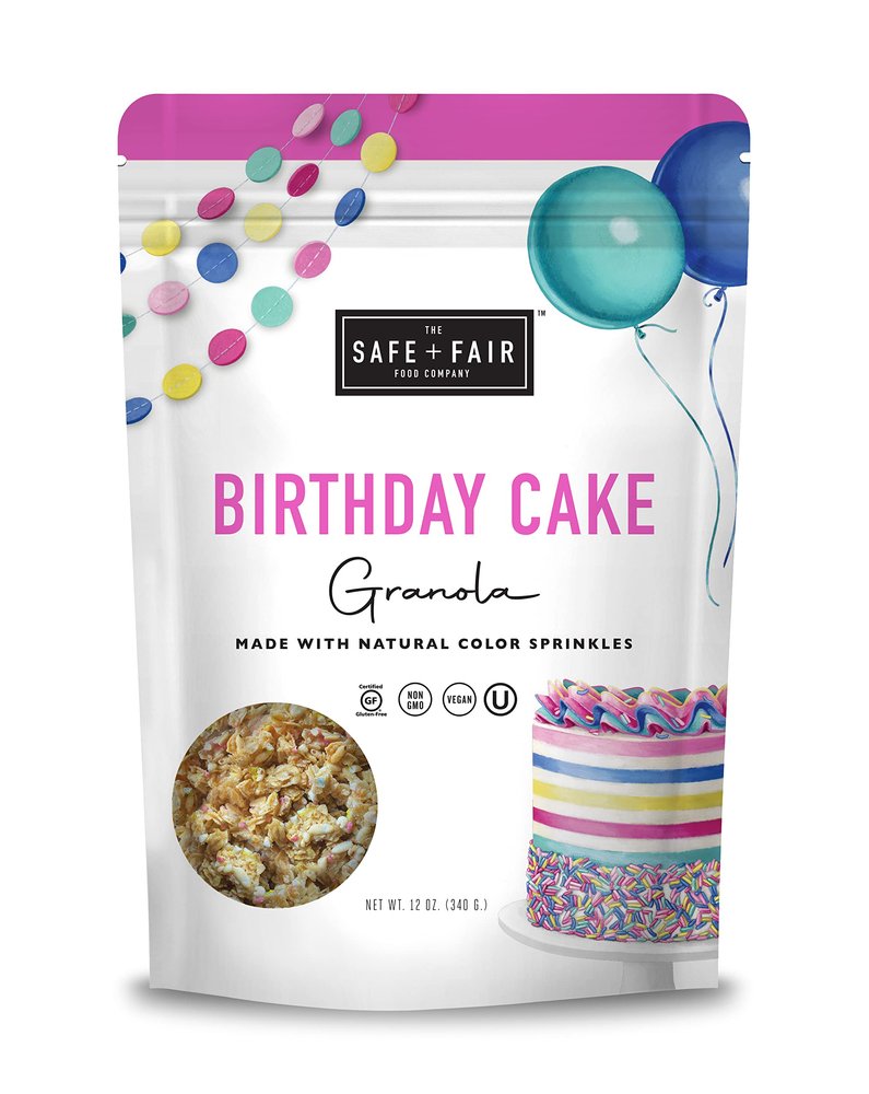 Safe + Fair Birthday Cake Granola  Gluten-Free, Vegan & Plant-Based Snack with Natural Sprinkles  0g Trans Fat, Non-GMO, Kosher, Allergen-Free, Whole Grain - 12oz