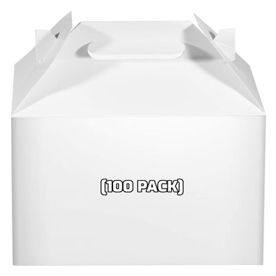 [100 Pack] White Treat Gift Boxes - 9 x 5 x 6.75 inches - Paper Gable Boxes, Paper Lunch Boxes with Handle, Barn Boxes - Birthday's, Weddings, Baby Shower Favor Box, Restaurant to go Box
