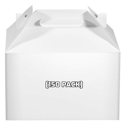 [150 Pack] White Treat Gift Boxes - 9 x 5 x 6.75 inches - Paper Gable Boxes, Paper Lunch Boxes with Handle, Barn Boxes - Birthday's, Weddings, Baby Shower Favor Box, Restaurant to go Box