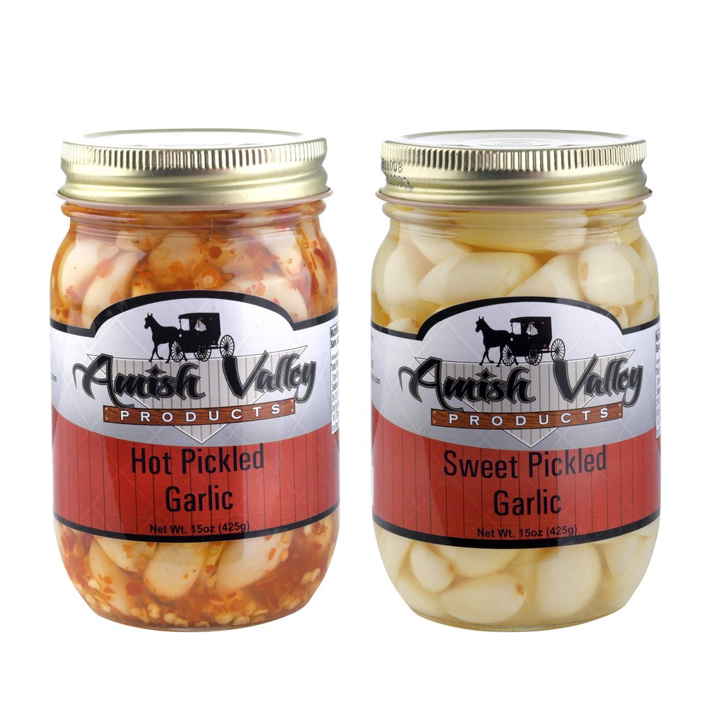 Amish Valley Products Country Pickled Garlic Sweet or Hot Flavor 15 oz Glass Jar (Sweet/Hot, 2-15oz JARS)
