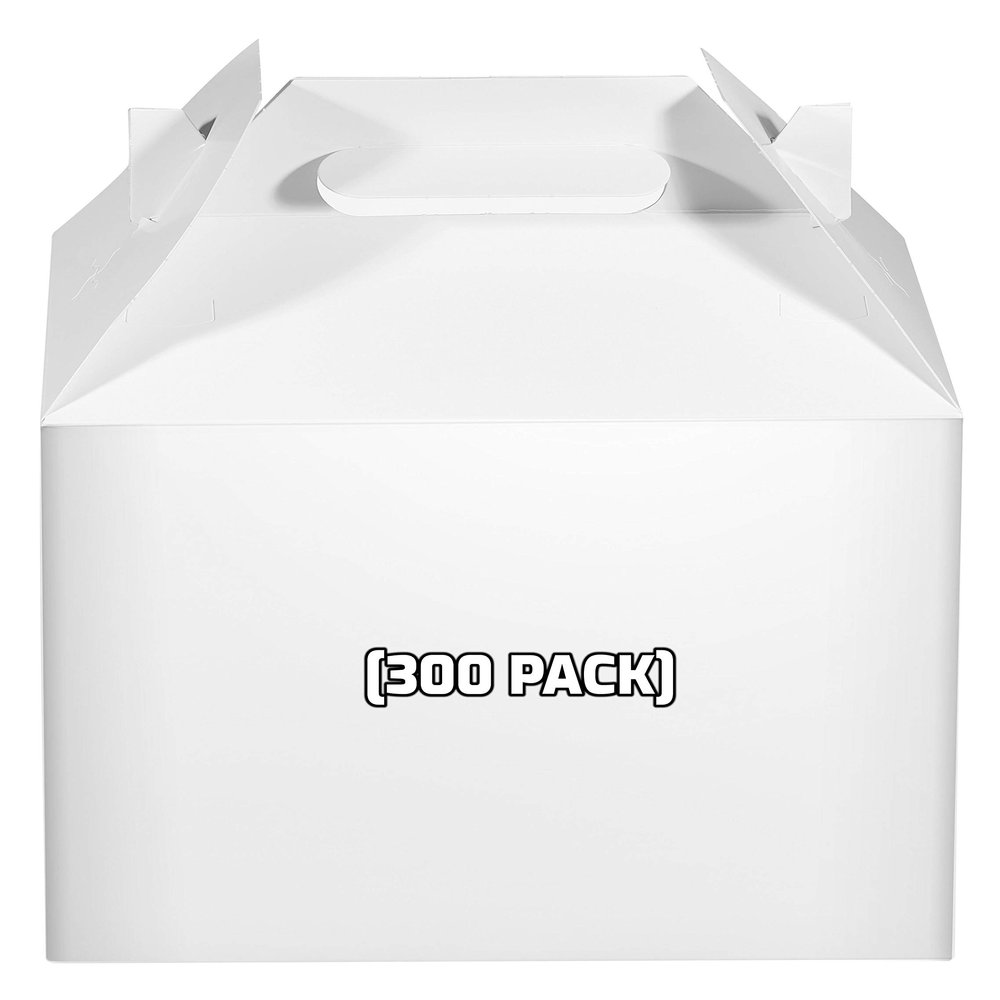[300 Pack] White Treat Gift Boxes - 9 x 5 x 6.75 inches - Paper Gable Boxes, Paper Lunch Boxes with Handle, Barn Boxes - Birthday's, Weddings, Baby Shower Favor Box, Restaurant to go Box