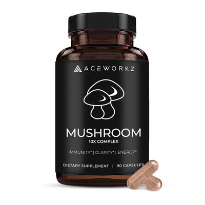 ACEWORKZ Mushroom Complex Supplement 14,500mg - Organic 10 Mushroom Blend with Lions Mane and BioPerine, Reishi & Cordyceps  Memory, Focus & Immune Support for Enhanced Absorption (60 Capsules)