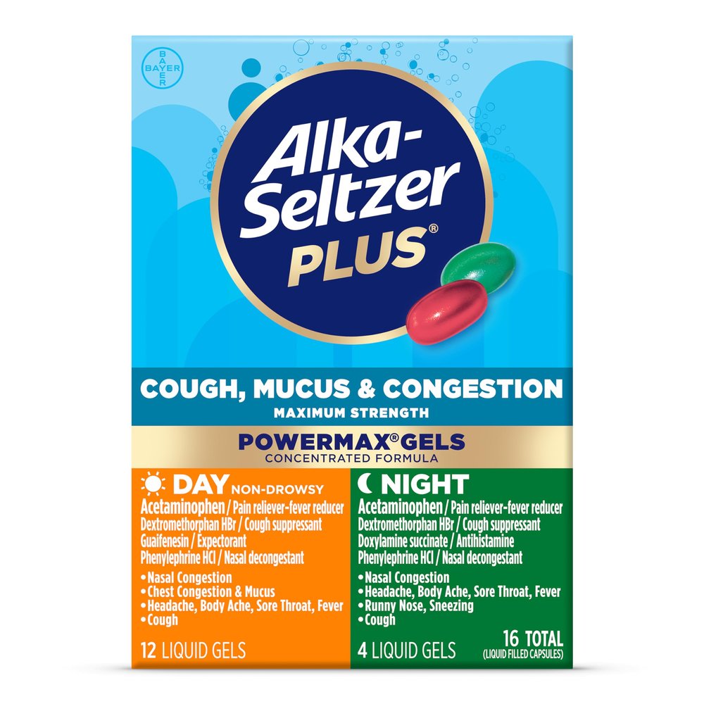 Alka-Seltzer Plus Maximum Strength Cough, Mucus & Congestion, Day + Night Powermax Liquid Gels, Cough and Congestion Medicine for Adults and Children 12 Years and Older, 16 Count, Packaging May Vary