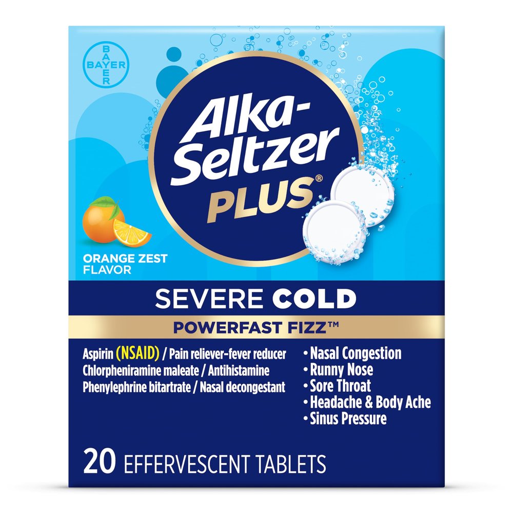 ALKA-SELTZER PLUS Severe Cold, PowerFast Fizz, Zest Effervescent Tablets, for Adults with Headache, Sore Throat, Sinus Congestion, Runny Nose, Sneezing, Fever, Body Aches & Pains, Orange, 20 Count