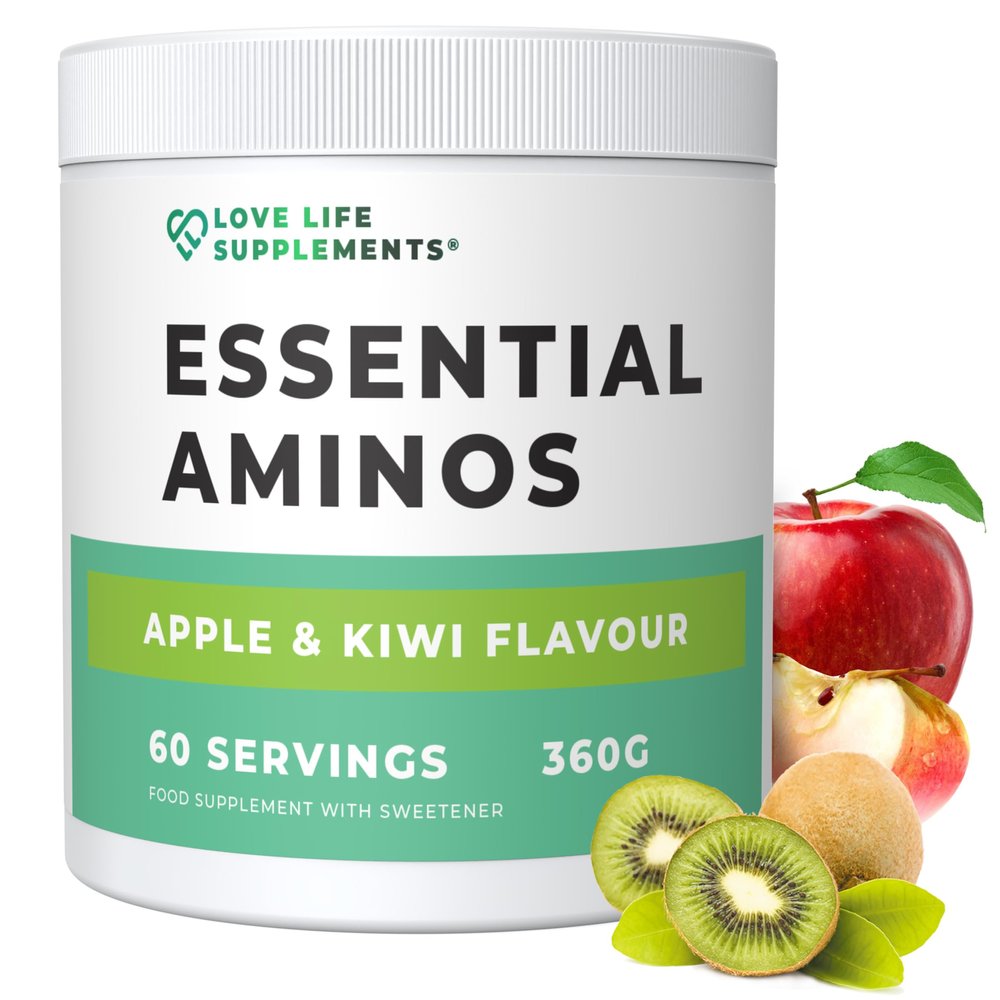 Love Life Supplements Essential Amino Acids Powder, Full Spectrum EAA & BCAA Drink for Muscle Recovery, Apple & Kiwi Flavour, 60 Servings, High Strength Intra Workout Supplement, UK Made