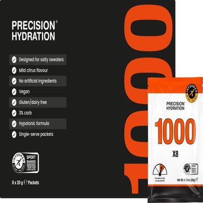 Precision Hydration Electrolyte Powder - No Artificial Ingredients, Multi Strength Hydration Packets - Individual Waterproof Servings - Gluten/Dairy Free, 1 Box (8 Packets, 1000mg/L-Orange)
