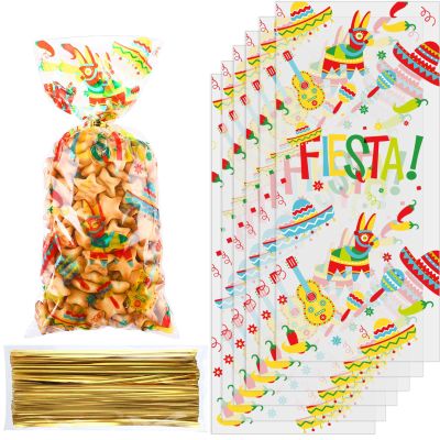 100 Piece Mexican Fiesta Cellophane Treat Bags - Cinco De Mayo Themed Party Favor Bags with 100 Gold Twist Ties for Fiesta Mexico Party Decoration