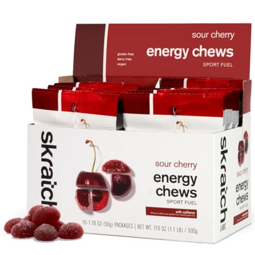 Skratch Labs Energy Chews | Caffeine Gummies for Running, Cycling, and Sports Performance | Gel Alternative | Sour Cherry (10 Pack) | Gluten Free, Vegan