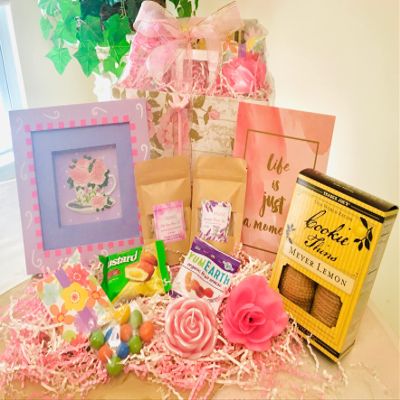 Birthday/Get Well/Mother's Day Gift Basket for Mom - Organic Teas, Cookies and More! (Organic Lavendar & Rose Tea Set with Keepsake)