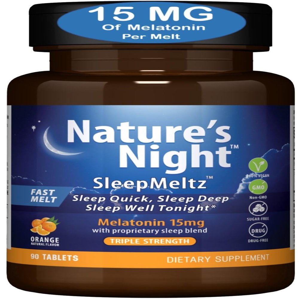 Zero Brands Nature's Night Triple Strength Quick Dissolve Melatonin 15mg with Supportive Blend | Natural Orange Flavor | 90 Count | Sugar Free, Vegan, Non-GMO, Drug Free