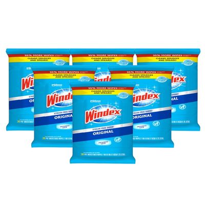 Windex Glass Cleaning Wipes, Pre-Moistened Glass and Surface Wipes to Clean Home Surfaces, Household Essentials, Original Scent, 38 Count (Pack of 6)