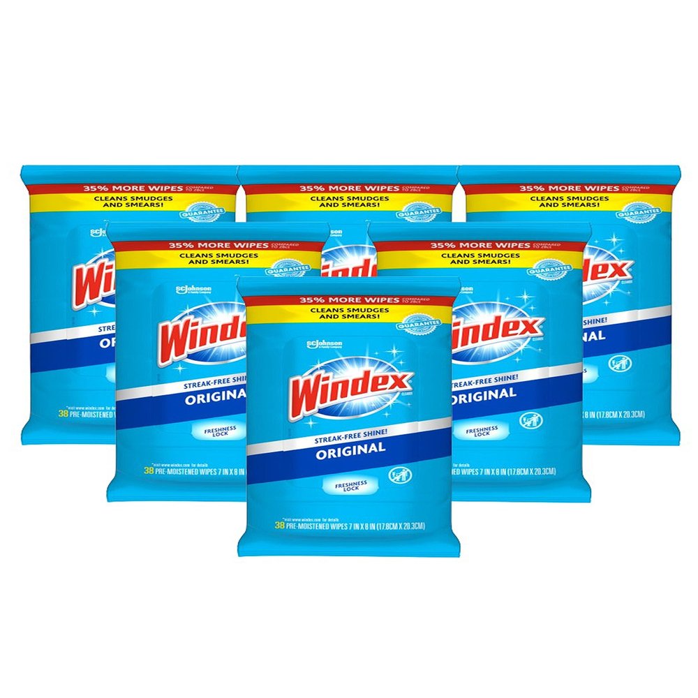 Windex Glass Cleaning Wipes, Pre-Moistened Glass and Surface Wipes to Clean Home Surfaces, Household Essentials, Original Scent, 38 Count (Pack of 6)