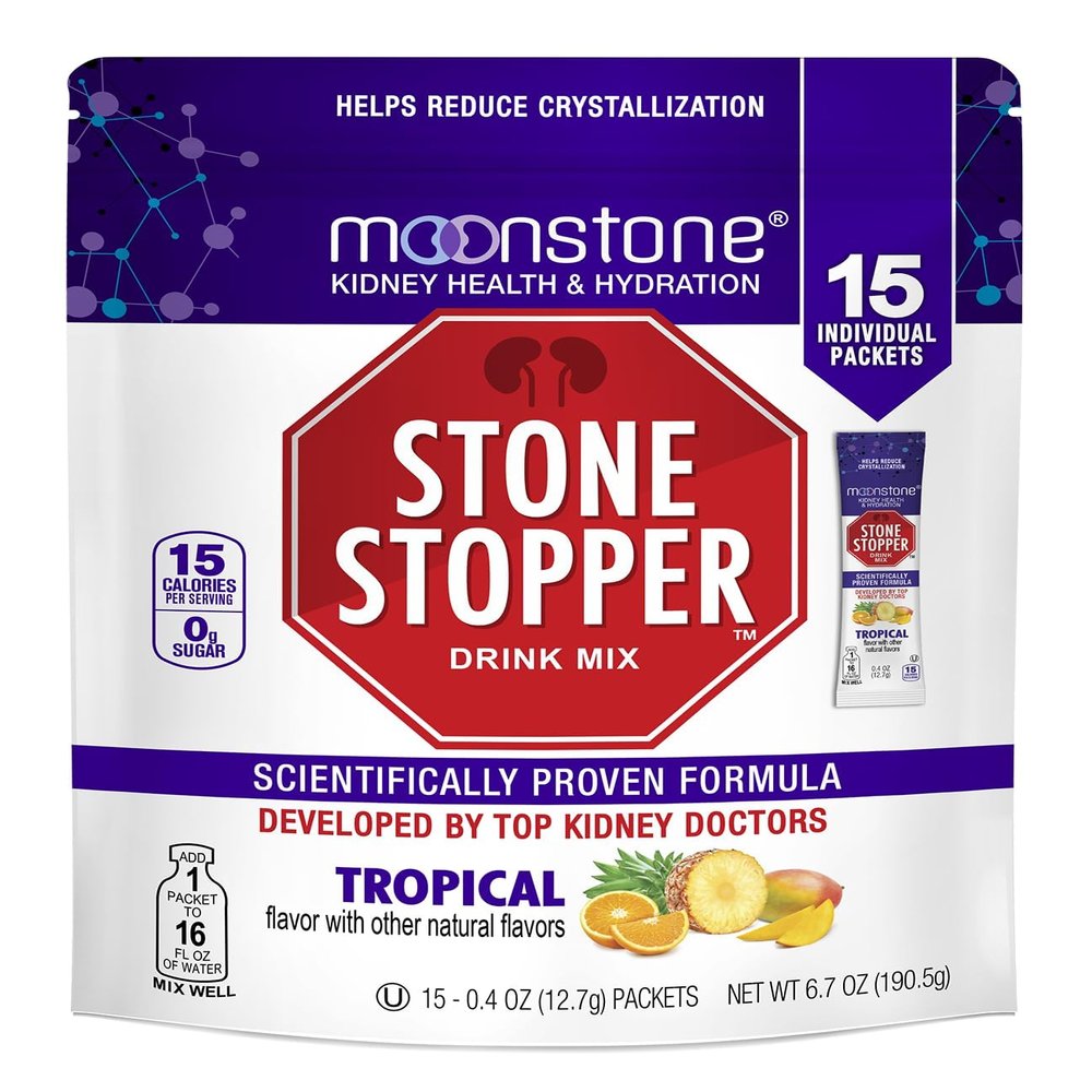 Moonstone Stone Stopper Drink Mix, Tropical, Kidney Stone Prevention, Calcium Oxalate Protector, Developed by Urologists to Improve Hydration and Support Kidney Health, 15 Day Supply