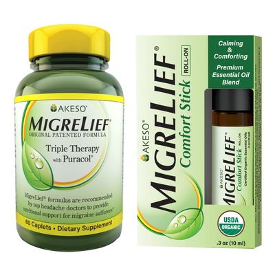 Nutritional Support & Comfort Kit for Migraine Sufferers - MigreLief Original Daily Triple Therapy Formula, Plus MigreLief Comfort Stick Essential Oils Roll-On (10ml) - 1 Month Supply.