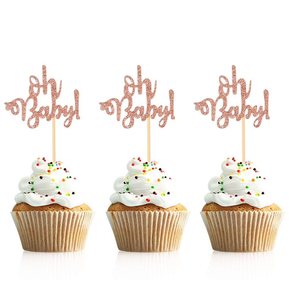 Donoter 48 Pcs Rose Gold Glitter Oh Baby Cupcake Topper Picks for Baby Shower Party Cake Decorations