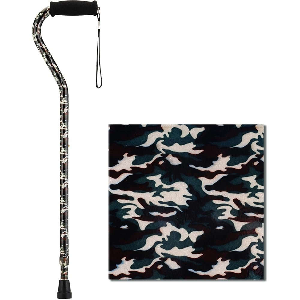 Nova Joy Designer Offset Walking Cane for Seniors - Unisex Adjustable Lightweight Aid with Foam Handle, Wrist Strap and Anti-Rattle Lock - Essential Mobility Support - Camouflage