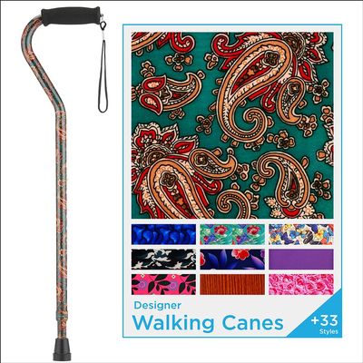 Nova Joy Designer Offset Walking Cane for Seniors - Unisex Adjustable Lightweight Aid with Foam Handle, Wrist Strap and Anti-Rattle Lock - Essential Mobility Support - Green Paisley