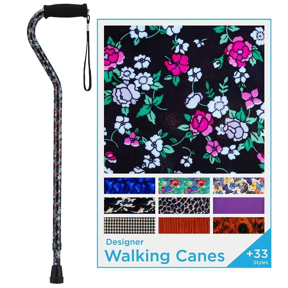 Nova Joy Designer Offset Walking Cane for Seniors - Unisex Adjustable Lightweight Aid with Foam Handle, Wrist Strap and Anti-Rattle Lock - Essential Mobility Support - Black with Flowers