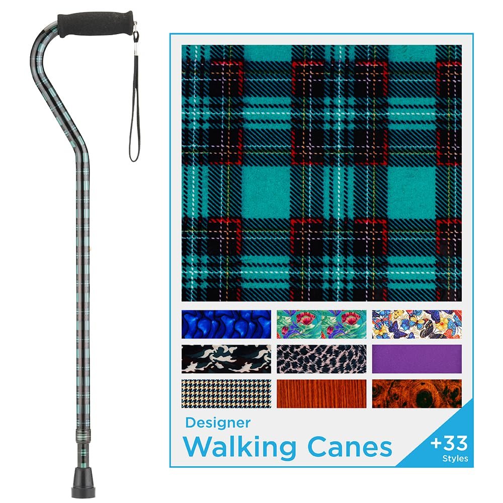 Nova Joy Designer Offset Walking Cane for Seniors - Unisex Adjustable Lightweight Aid with Foam Handle, Wrist Strap and Anti-Rattle Lock - Essential Mobility Support - Green Plaid