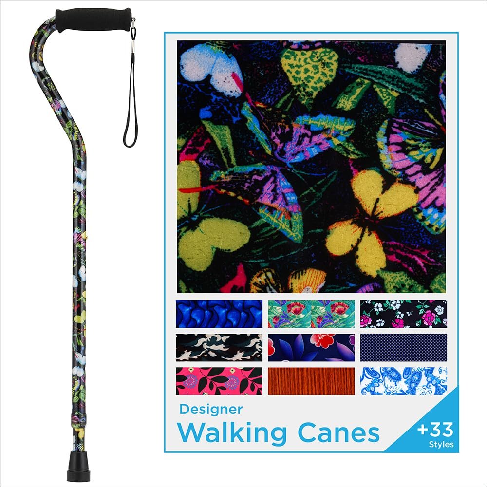 Nova Joy Designer Offset Walking Cane for Seniors - Unisex Adjustable Lightweight Aid with Foam Handle, Wrist Strap and Anti-Rattle Lock - Essential Mobility Support - Butterfly