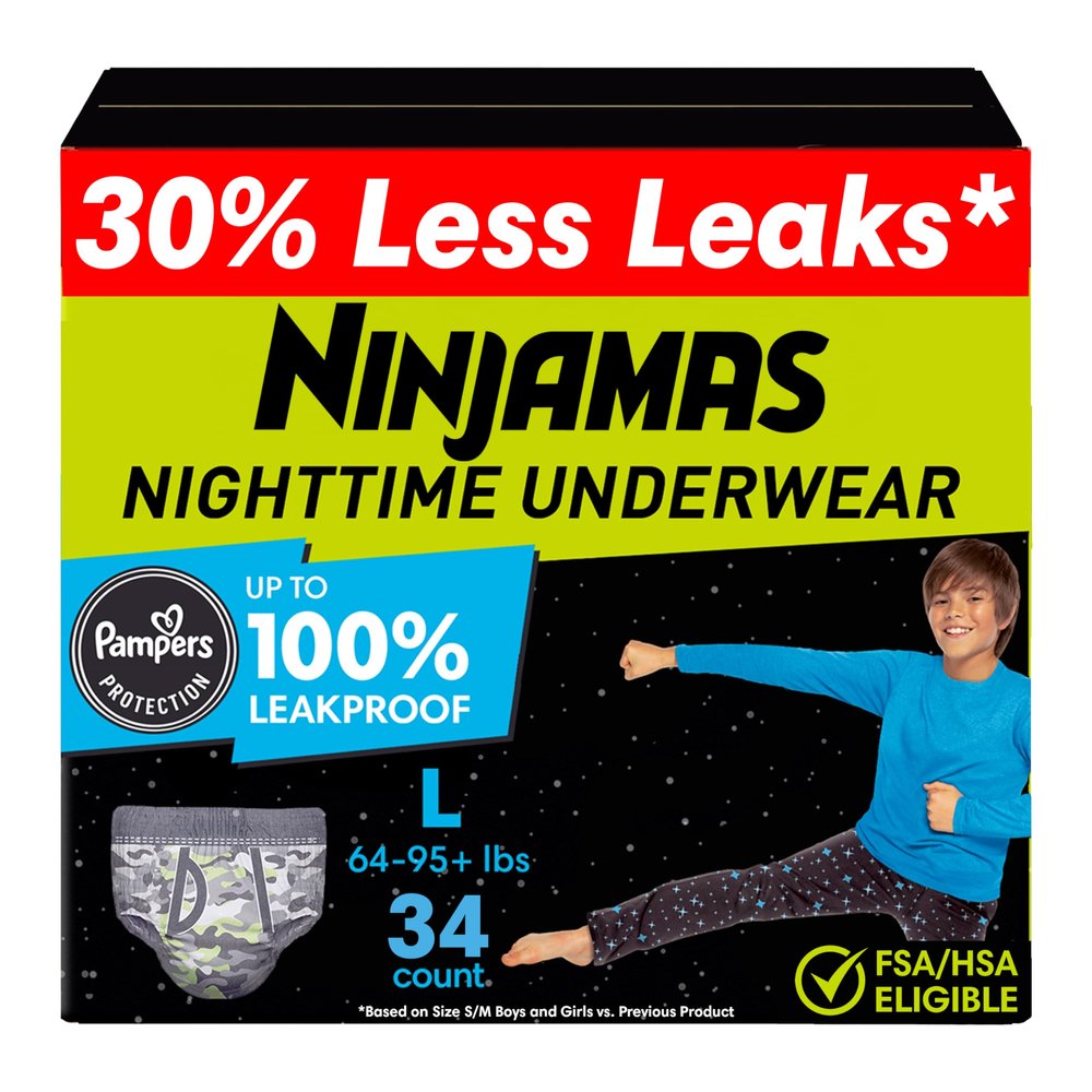 Ninjamas Boys Bedwetting Nighttime Underwear, Size L (64-95+ lbs), 34 Count, Overnight Protection, Ultra Absorbent, Hypoallergenic