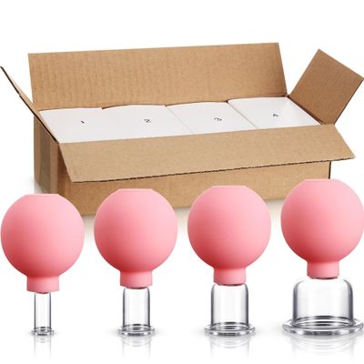 BBTO 4 Pieces Glass Cupping Set Glass Silicone Cupping Cups Massage Vacuum Suction Cupping Cups for Body Face Leg Arm Back Shoulder Muscle and Joint Pain (Pink)