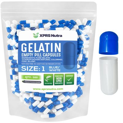 XPRS Nutra Size 1 Empty Capsules - 500 Count Empty Gelatin Capsules - Pill DIY Capsule Filling - Pure Bovine Pill Gel Caps for Do-It-Yourself Supplements (Blue/White)