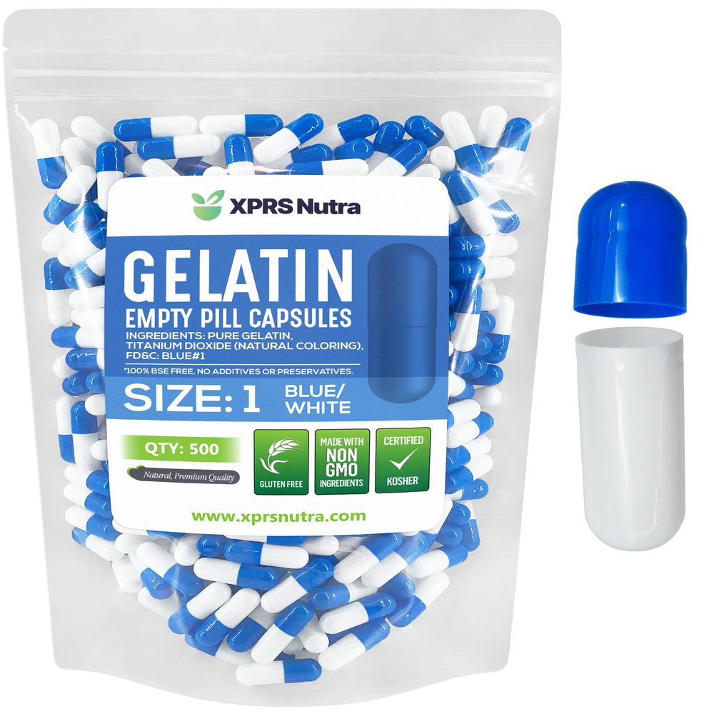 XPRS Nutra Size 1 Empty Capsules - 500 Count Empty Gelatin Capsules - Pill DIY Capsule Filling - Pure Bovine Pill Gel Caps for Do-It-Yourself Supplements (Blue/White)
