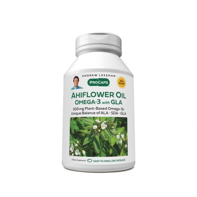 ANDREW LESSMAN Ahiflower Omega-3 with GLA - 120 Softgels - Uniquely Balanced, Plant-Based Source of Essential Omega-3 Fatty acids. No Stomach Upset, Contaminants or Mercury. Easy to Swallow