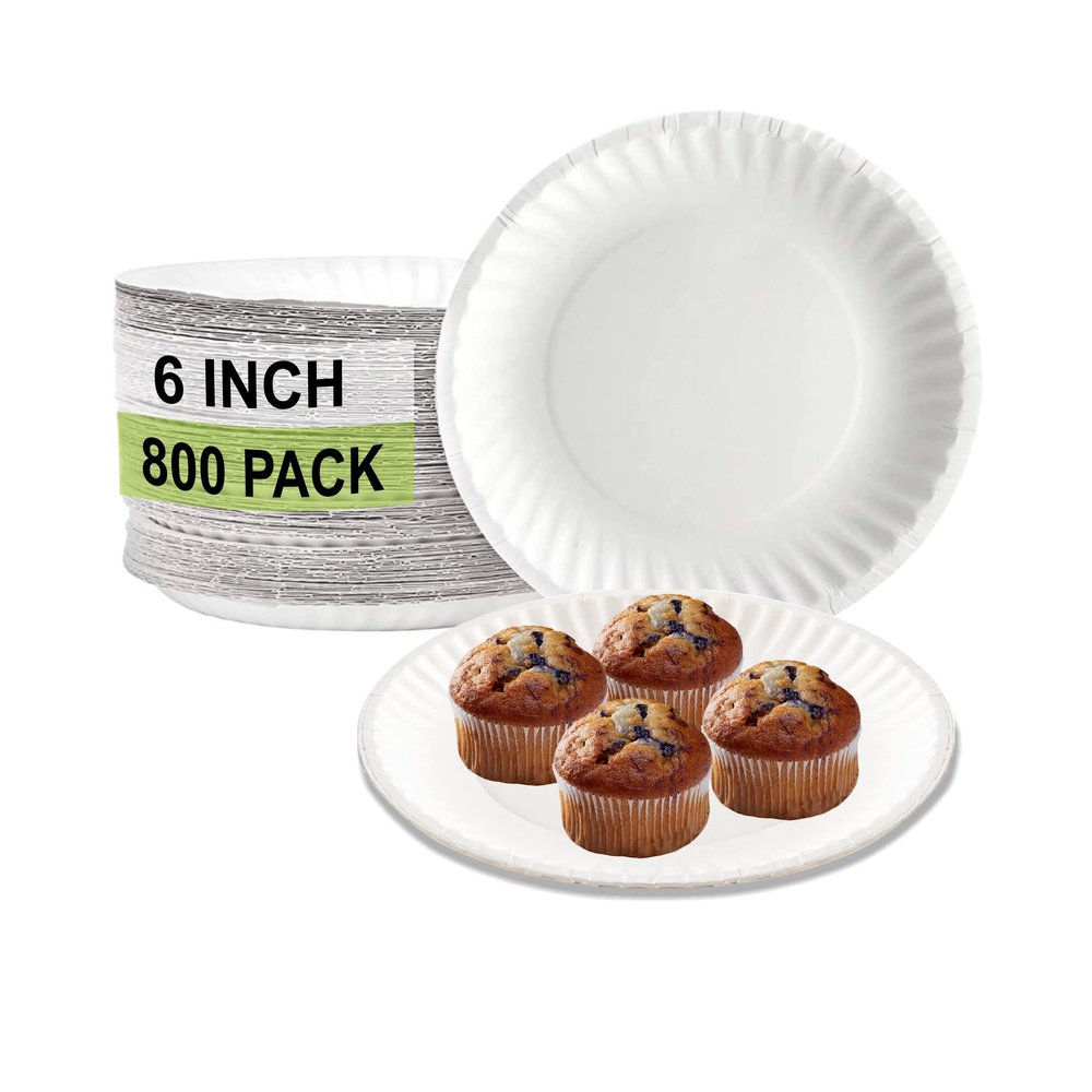 EcoQuality [800 Pack White Disposable Paper Plates 6 Inch Perfect for Parties, BBQ, Catering, Office, Event's, Pizza, Restaurants, Recyclable, Compostable and Microwave Safe