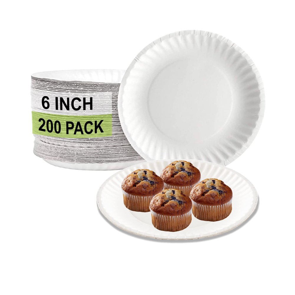 EcoQuality [200 Pack White Disposable Paper Plates 6 Inch Perfect for Parties, BBQ, Catering, Office, Event's, Pizza, Restaurants, Recyclable, Compostable and Microwave Safe