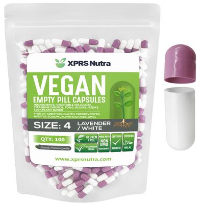 XPRS Nutra Size 4 Empty Capsules - 500 Count Small Empty Vegan Capsules - Vegetarian Pills - DIY Vegetable Capsule Filling - Fillable Do-It-Yourself Veggie Caps for Supplements (Lavender/White)