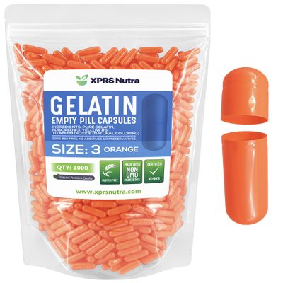 XPRS Nutra Size 3 Empty Capsules - 1000 Count Empty Gelatin Capsules - Pills DIY Capsule Filling - Pure Bovine Pill Gel Caps Fillable for Do-It-Yourself Vitamins and Supplements (Orange)