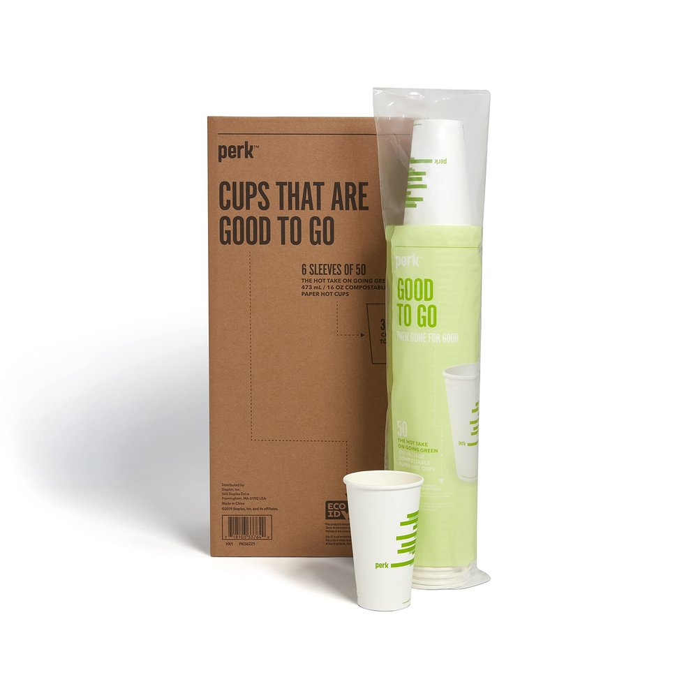 Perk Staples Compostable Paper Hot Cup, 16 Oz., White/Green (PK56221)