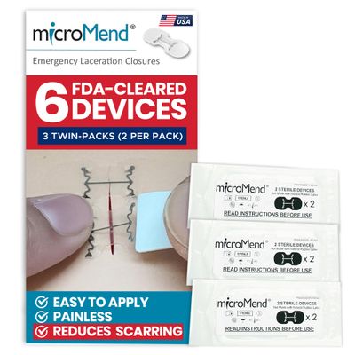 microMend Emergency Wound Closures Surgical Quality Laceration Repair Without Stitches - Think Ahead - Be Prepared - Add to Your First Aid Kit, Camping Gear (Multi Pack - 3 Packs of 2 Medium Devices)