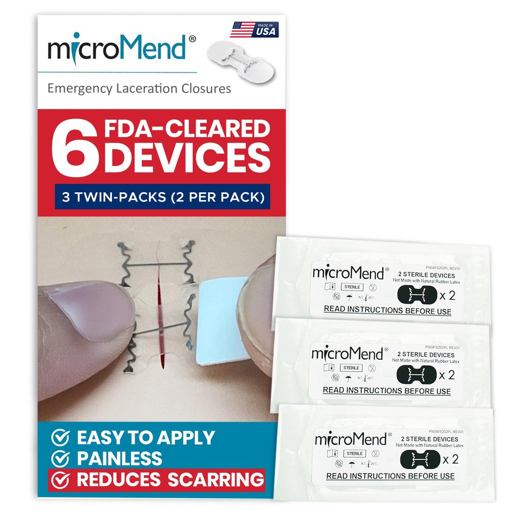 microMend Emergency Wound Closures Surgical Quality Laceration Repair Without Stitches - Think Ahead - Be Prepared - Add to Your First Aid Kit, Camping Gear (Multi Pack - 3 Packs of 2 Medium Devices)