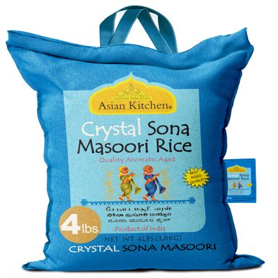 Asian Kitchen Crystal Sona Masoori Aged Rice 4-Pound Bag, 4lbs (1.81kg) Short Grain Rice ~ All Natural | Gluten Friendly | Vegan | Kosher | Indian Origin | Export Quality