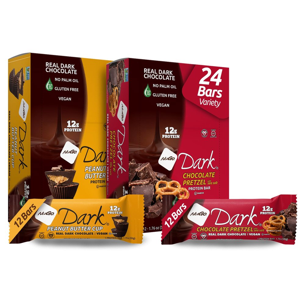 NuGo Dark Variety - Pretzel with Sea Salt 12 Bars & Peanut Butter Cup 12 Bars, 12g Protein Bar, Vegan, Gluten Free, Non-GMO, Kosher Pareve, 24 Count Variety