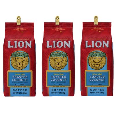 Lion Coffee, Toasted Coconut Flavor, Light Roast, Whole Bean, 10 Ounce Bag (Pack of Three)