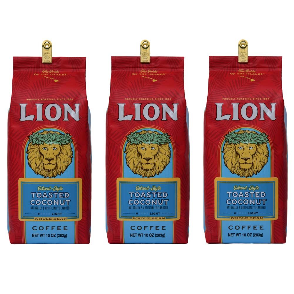 Lion Coffee, Toasted Coconut Flavor, Light Roast, Whole Bean, 10 Ounce Bag (Pack of Three)