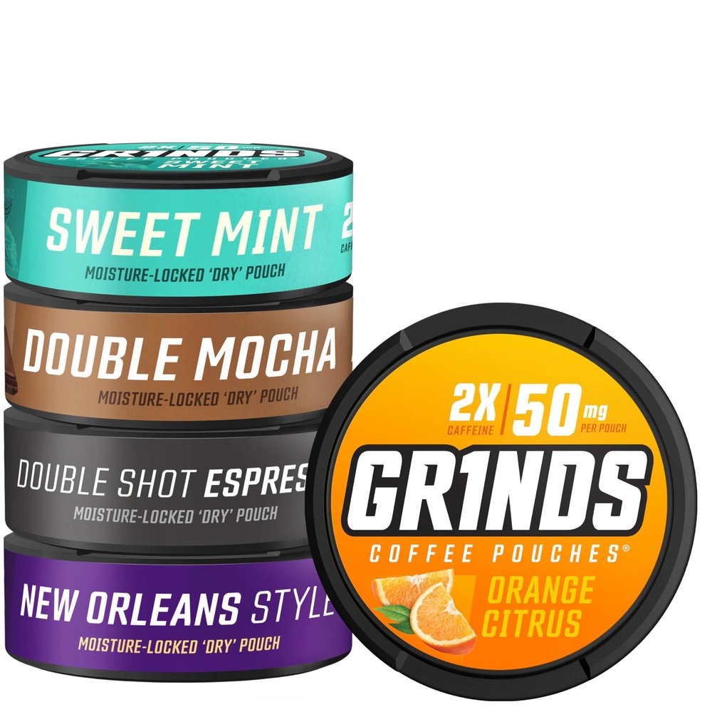 Grinds Coffee Pouches | 5-Can Variety Pack | Double Mocha, Sweet Mint, Double Shot Espresso, New Orleans, Orange Citrus | Brew-Free Coffee Alternative | 18 Pouches Per Can