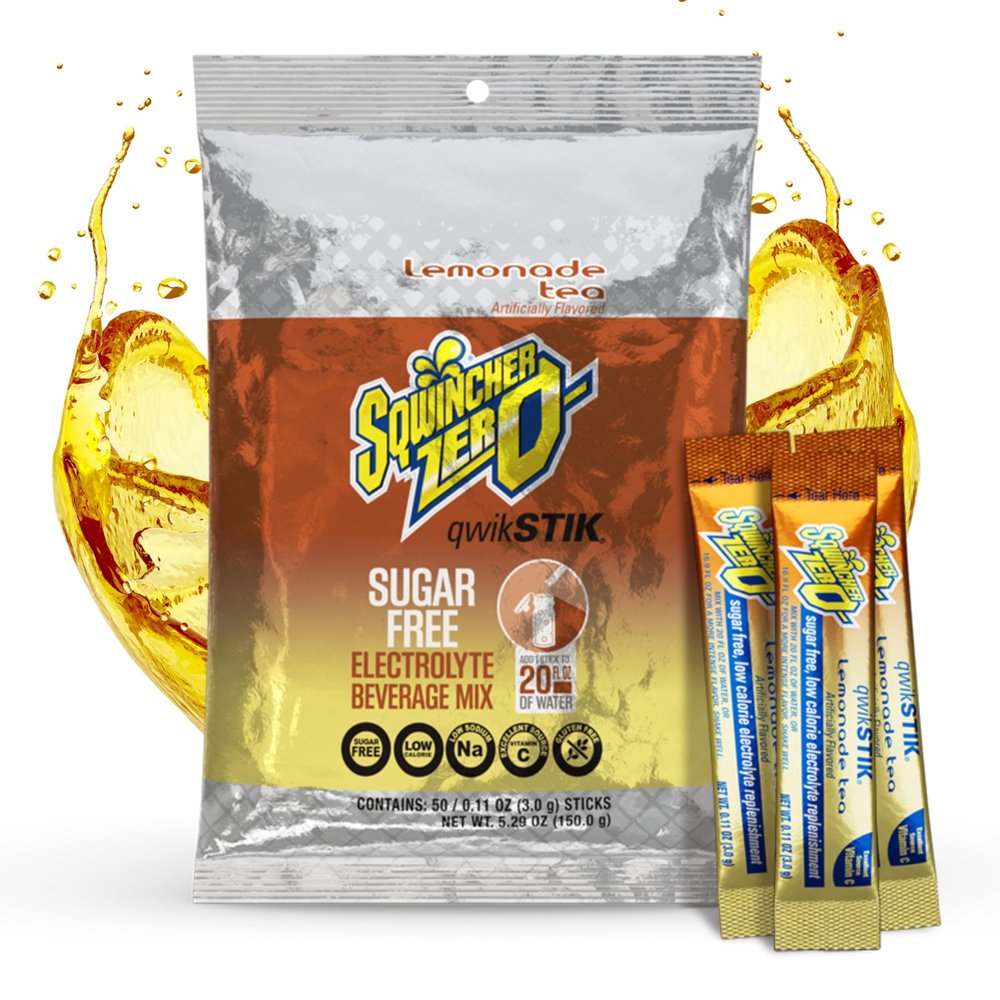 Sqwincher Zero Qwik Stik, Lemonade Tea, Sugar Free, Low Calorie, Low Sodium Electrolyte Powder Hydration Drink Mix, .11 0z Packet (Pack of 50)