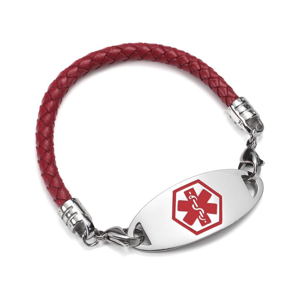 BAIYI HOPE Free Engraving Stainless Steel Medical Alert ID Bracelet for Daughter and Son Red Braided Leather Medical Emergency Awareness Bracelet 6 inch
