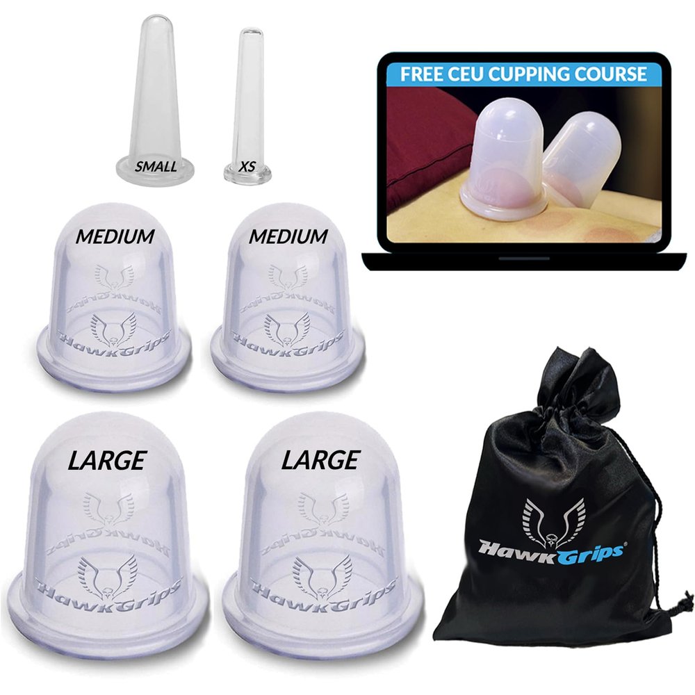 HawkGrips 6-piece Professional Cupping Kit for Massage Therapy and Physical Therapy, Massage Therapy Cups, Deep Tissue Massage, Premium Silicone Cupping Set & 2-Hour CEU-Eligible Course, Pack of 1